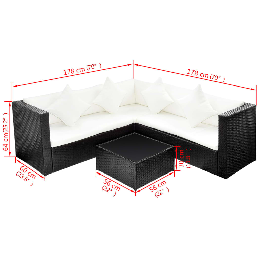 4 Piece Garden Lounge Set with Cushions Poly Rattan Black - 60×60×64cm