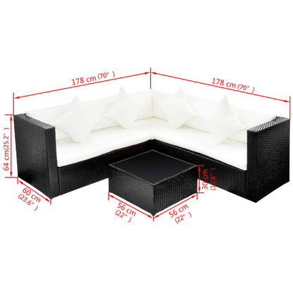 4 Piece Garden Lounge Set with Cushions Poly Rattan Black - 60×60×64cm
