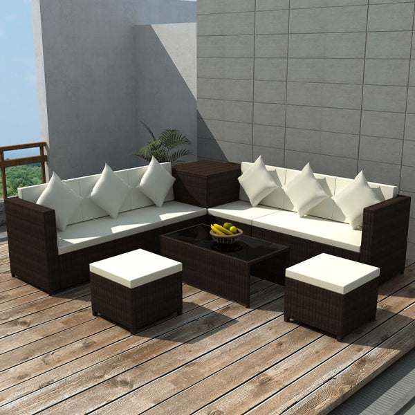  8 Piece Garden Lounge Set with Cushions Poly Rattan Brown