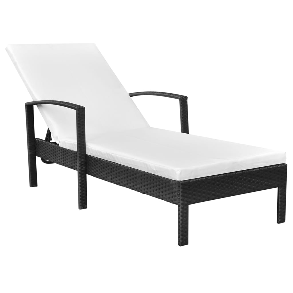 Sun Lounger with Cushion Poly Rattan Black - 195×68×52cm