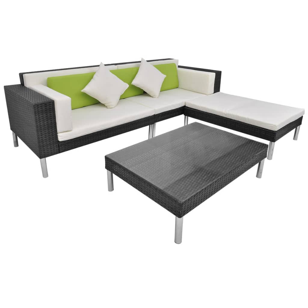 4 Piece Garden Lounge Set with Cushions Poly Rattan Black - 116×78×73cm