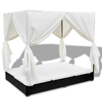 Outdoor Lounge Bed with Curtains Poly Rattan Black