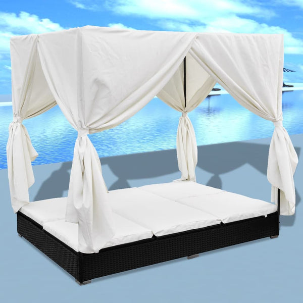  Outdoor Lounge Bed with Curtains Poly Rattan Black