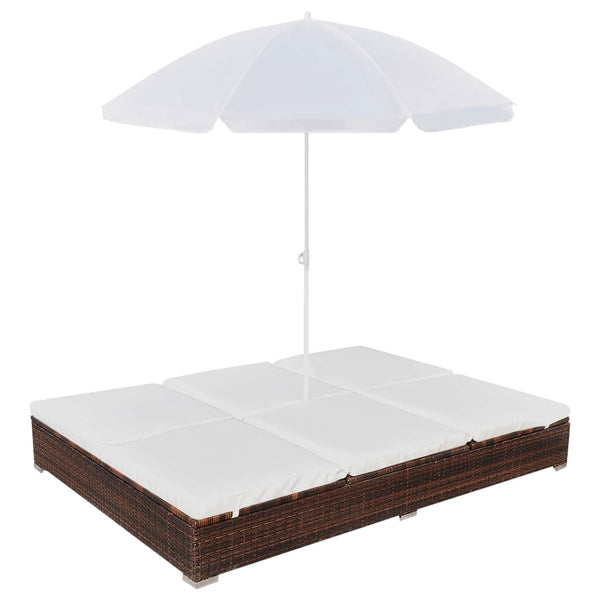  Outdoor Lounge Bed with Umbrella Poly Rattan Brown
