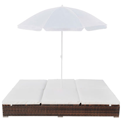 Outdoor Lounge Bed with Umbrella Poly Rattan Brown