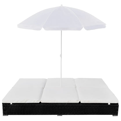 Outdoor Lounge Bed with Umbrella Poly Rattan Black