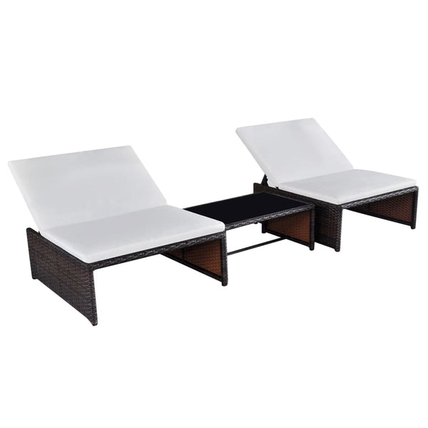  Sun Loungers 2 pcs with Table Poly Rattan Brown