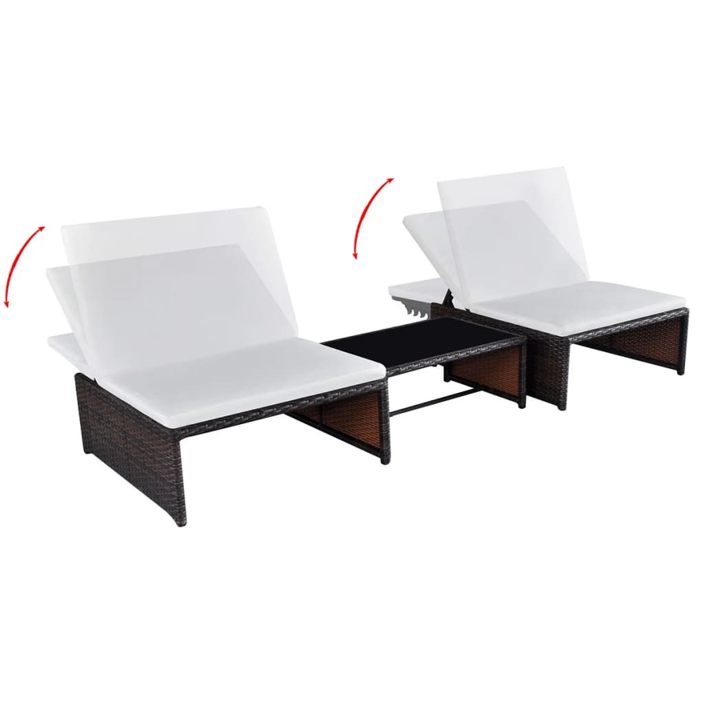 Sun Loungers 2 pcs with Table Poly Rattan Brown - 60×40×25cm