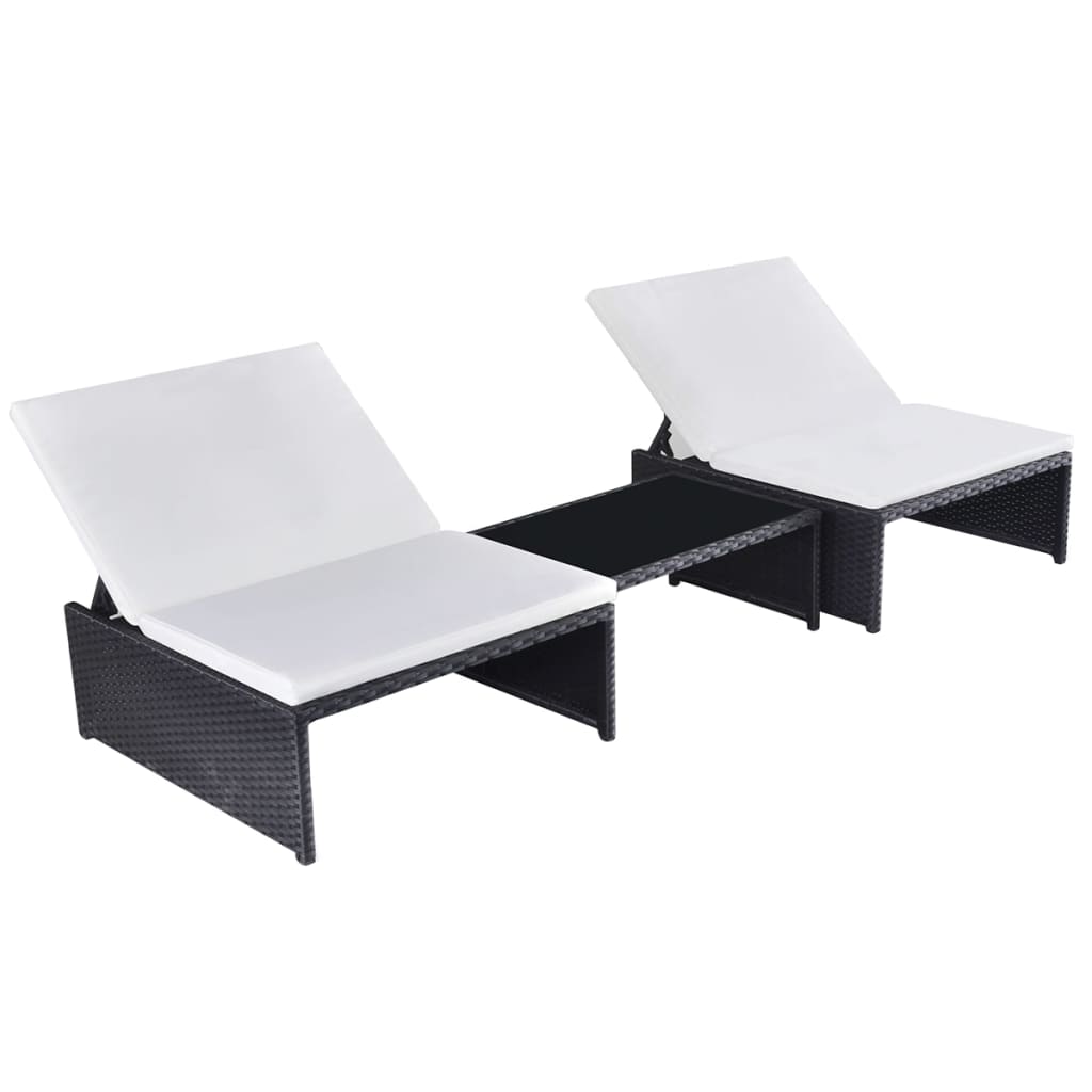 Sun Loungers 2 pcs with Table Poly Rattan Black - 190×65cm