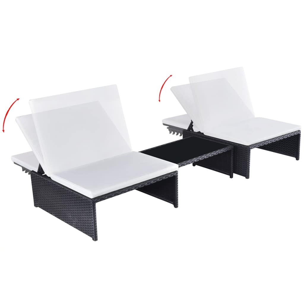 Sun Loungers 2 pcs with Table Poly Rattan Black - 190×65cm