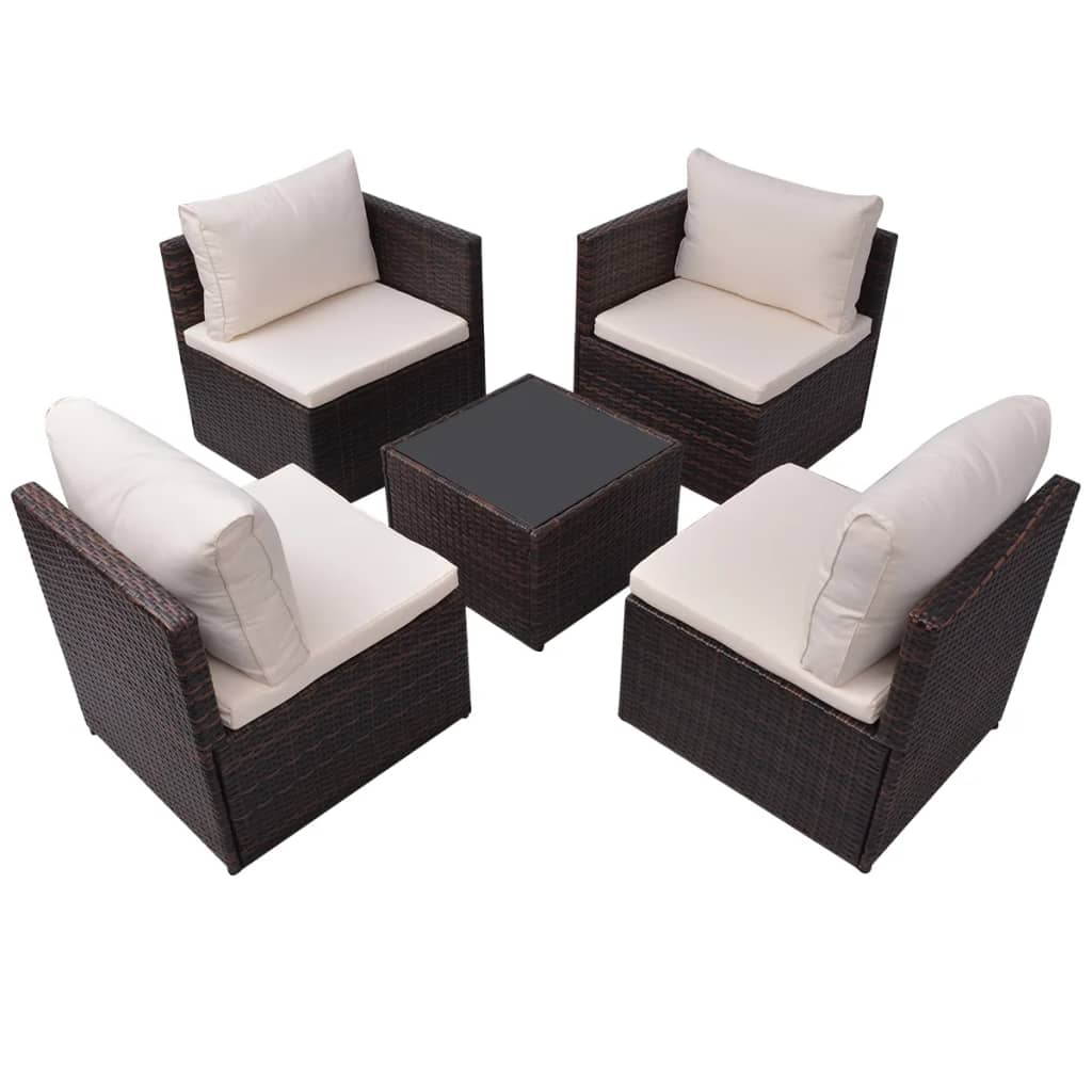 5 Piece Garden Lounge Set with Cushions Poly Rattan Brown - 60×60×60cm