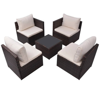 5 Piece Garden Lounge Set with Cushions Poly Rattan Brown - 60×60×60cm