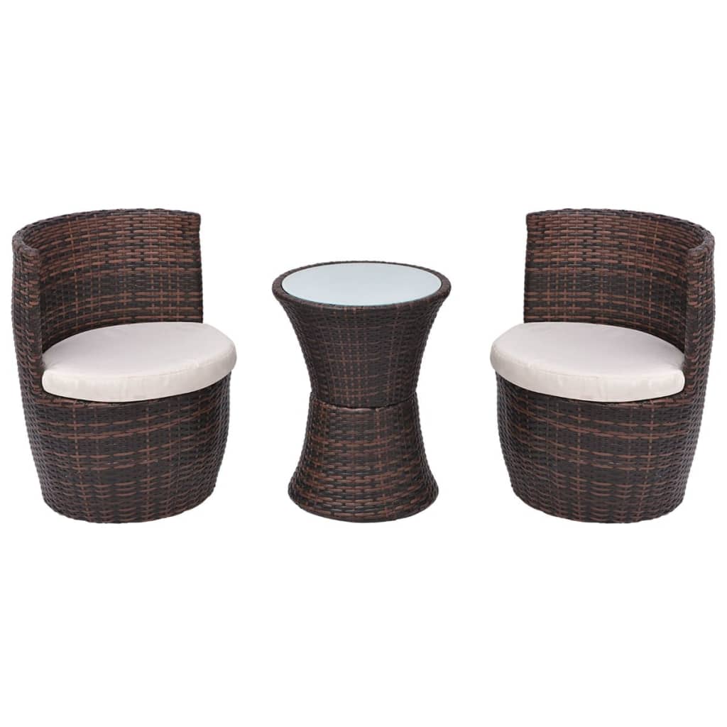 3 Piece Bistro Set with Cushions Poly Rattan Brown - 49.5×52×69cm