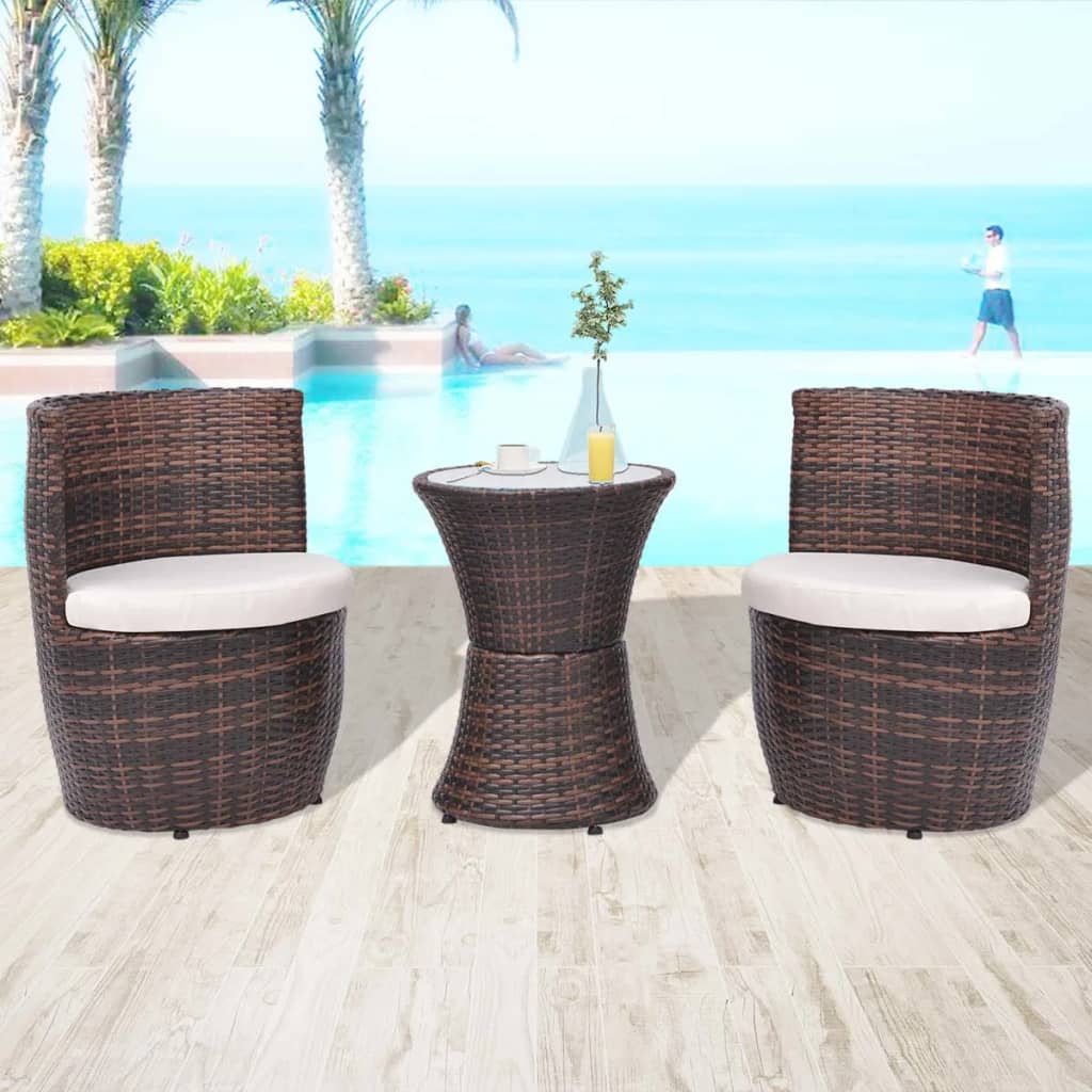 3 Piece Bistro Set with Cushions Poly Rattan Brown - 49.5×52×69cm