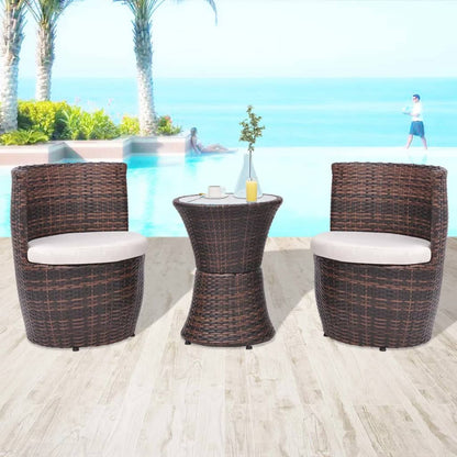 3 Piece Bistro Set with Cushions Poly Rattan Brown - 49.5×52×69cm