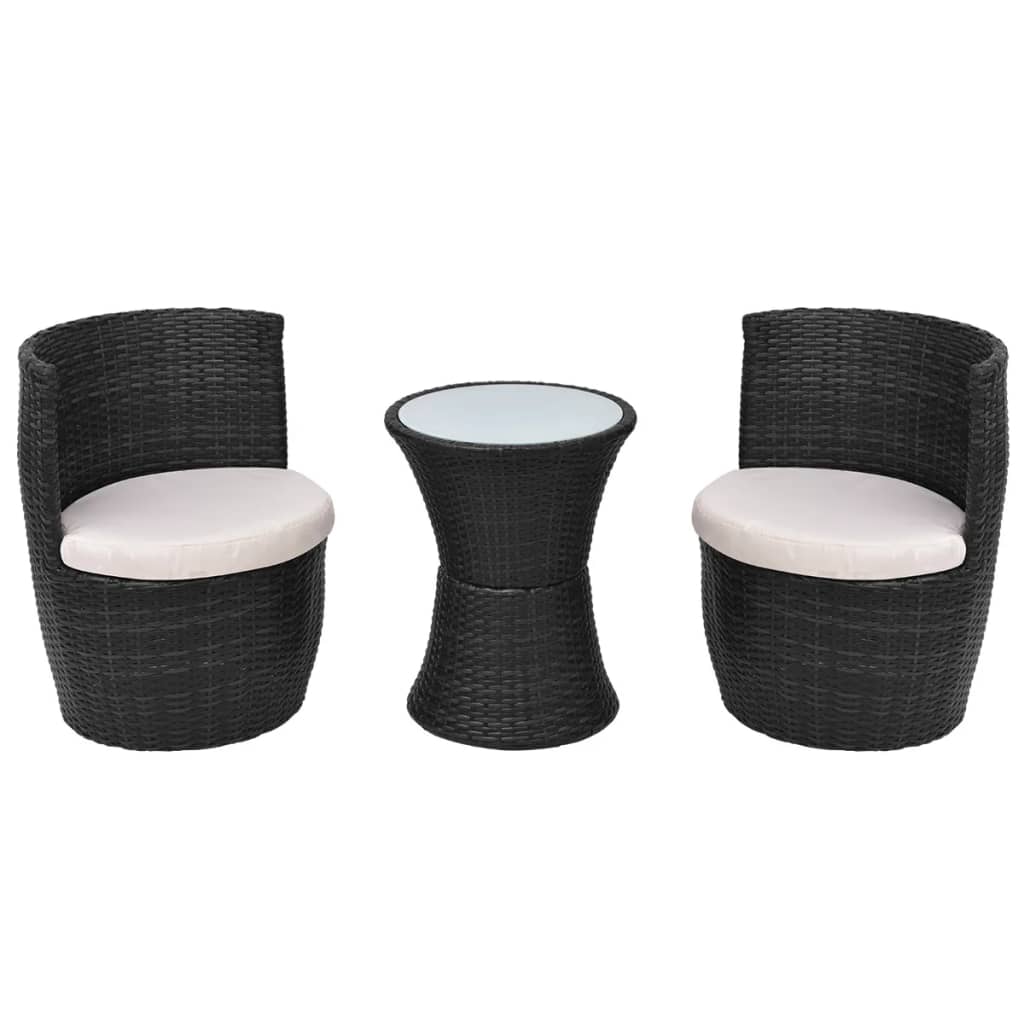 3 Piece Bistro Set with Cushions Poly Rattan Black - 49.5×52×69cm