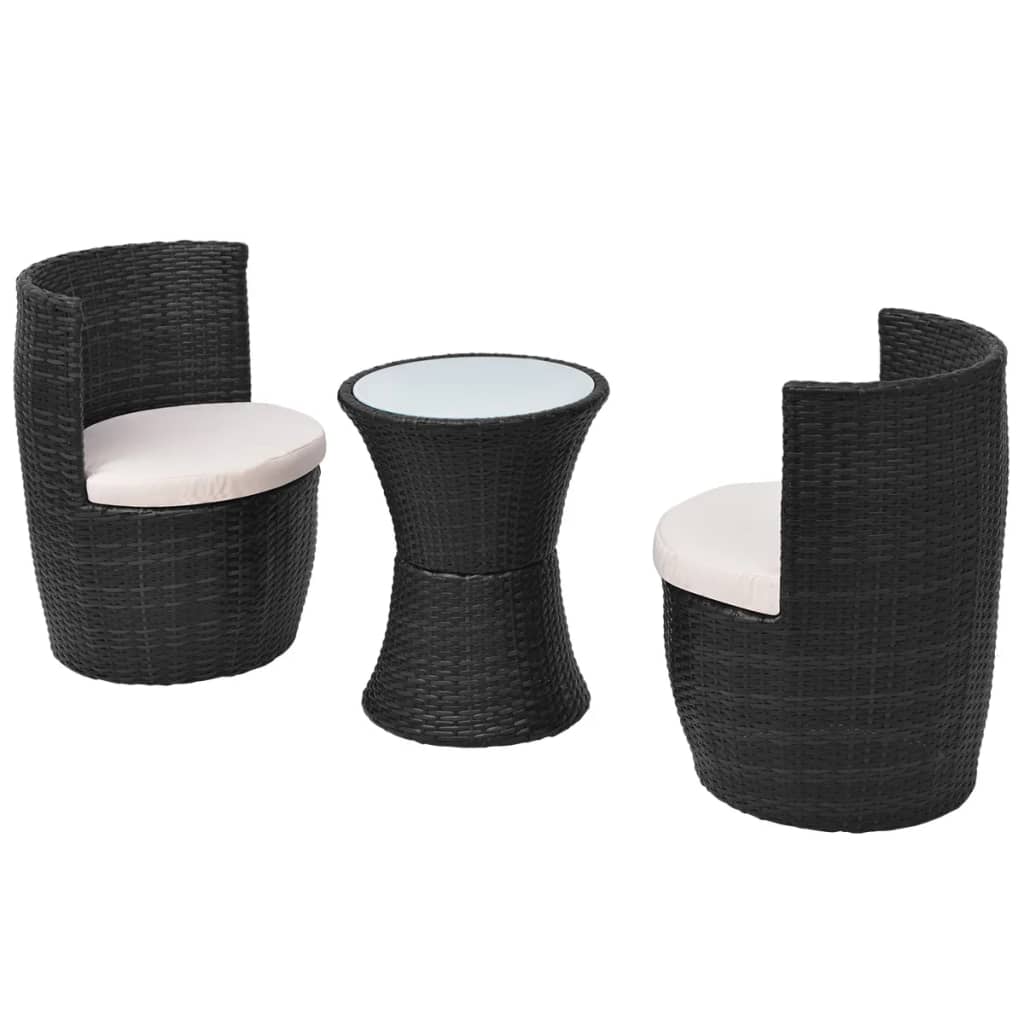3 Piece Bistro Set with Cushions Poly Rattan Black - 49.5×52×69cm