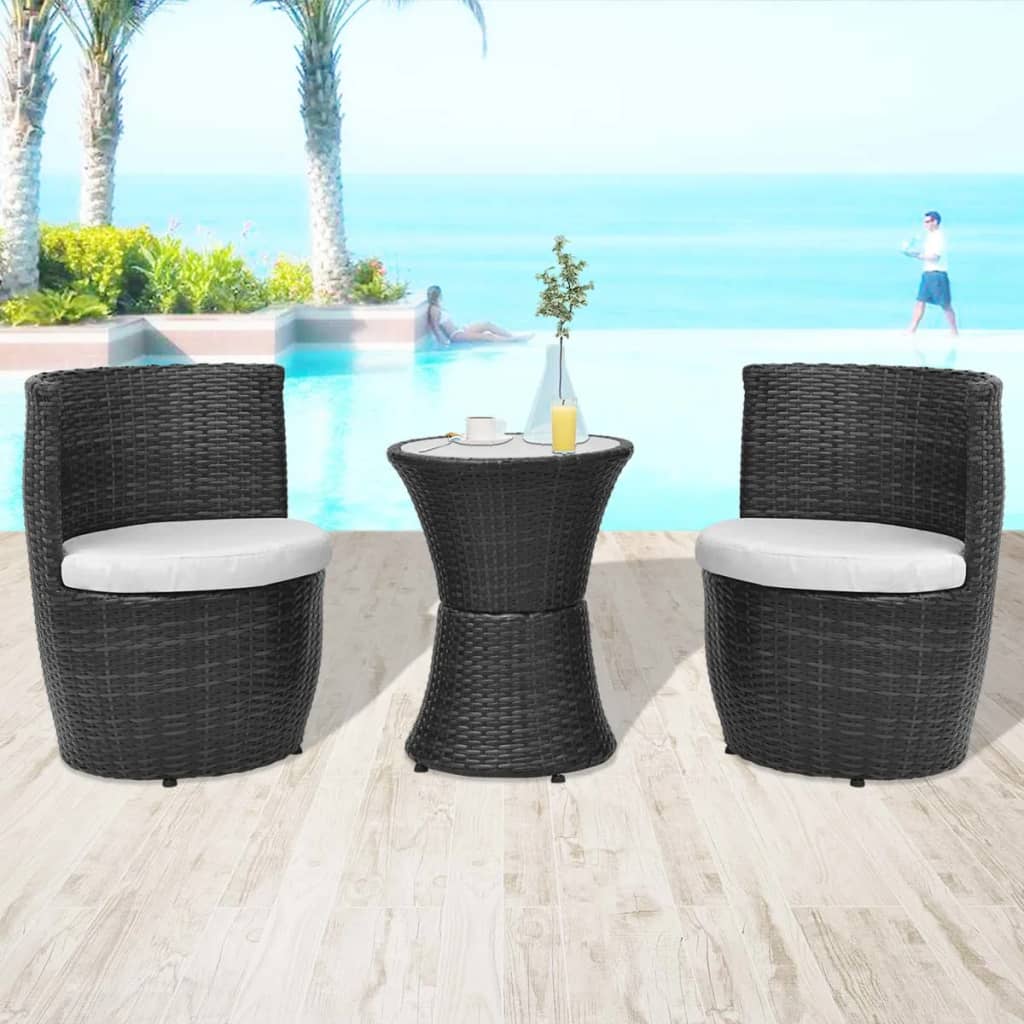 3 Piece Bistro Set with Cushions Poly Rattan Black - 49.5×52×69cm