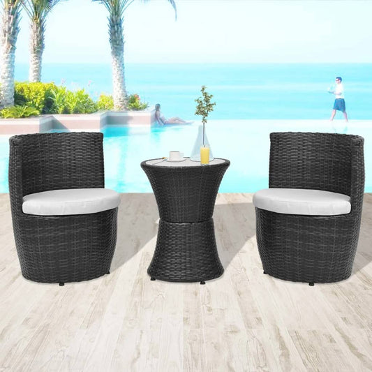 3 Piece Bistro Set with Cushions Poly Rattan Black - 49.5×52×69cm