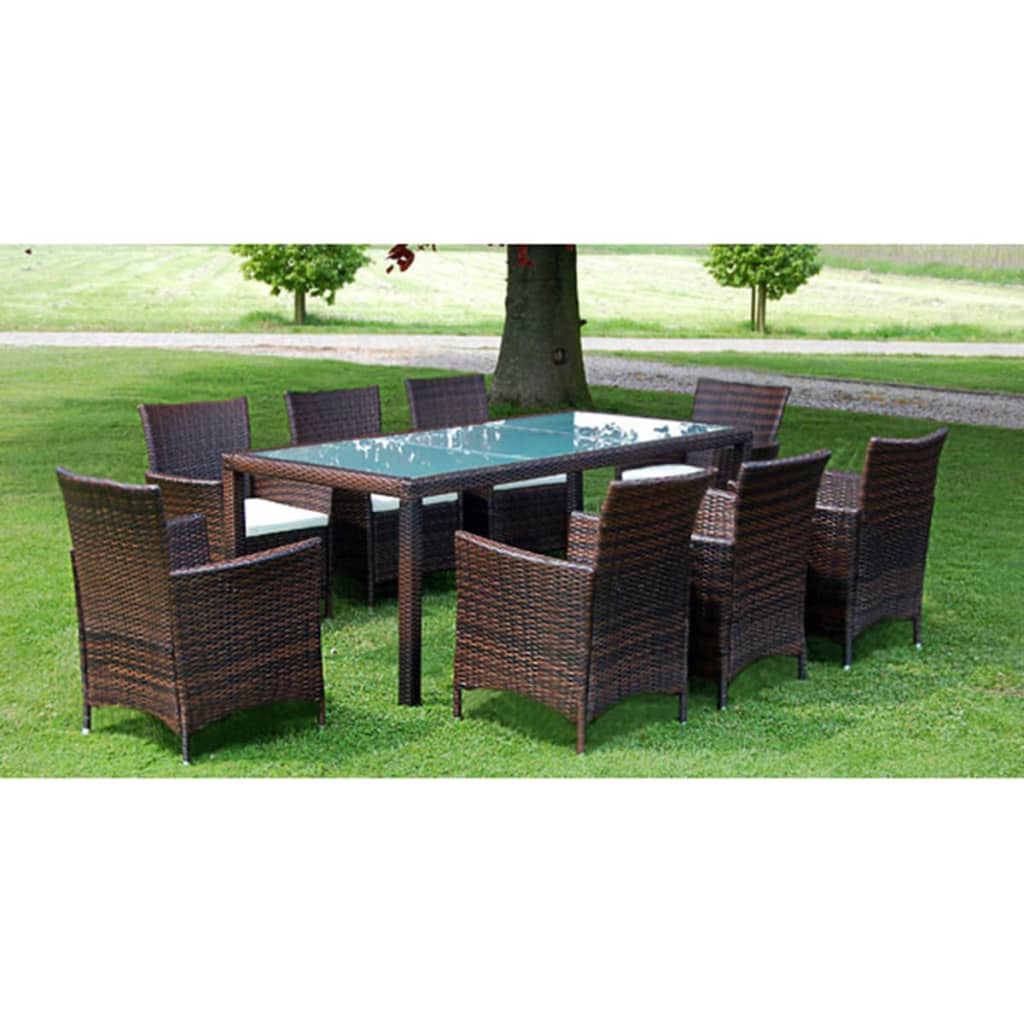 9 Piece Outdoor Dining Set with Cushions Poly Rattan Brown - 190×90×75cm