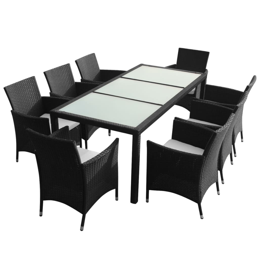 9 Piece Outdoor Dining Set with Cushions Poly Rattan Black - 190×90×75cm