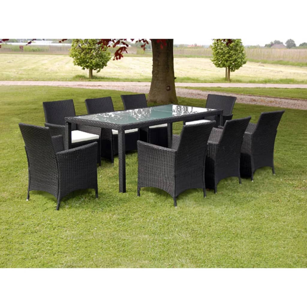 9 Piece Outdoor Dining Set with Cushions Poly Rattan Black - 190×90×75cm