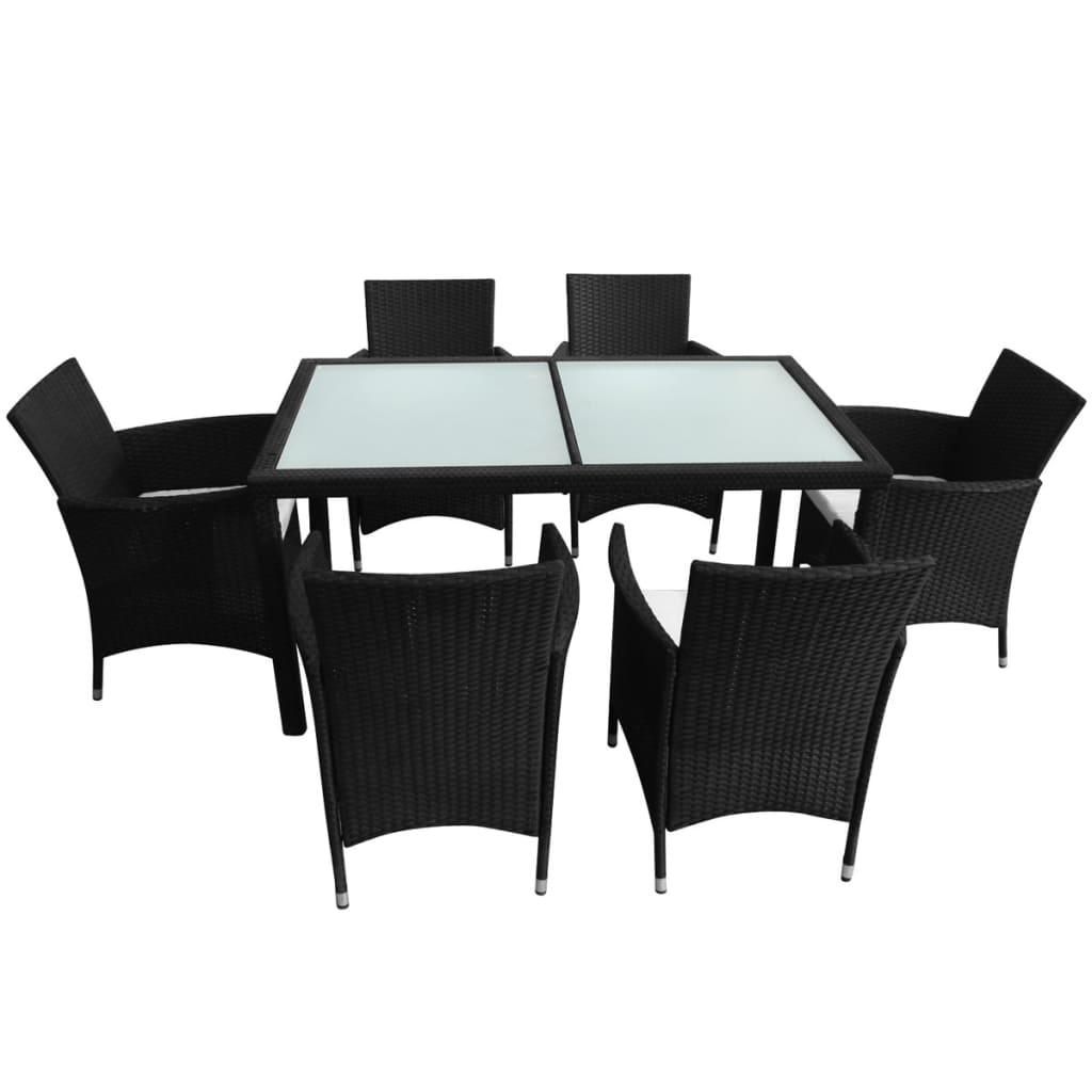 7 Piece Outdoor Dining Set with Cushions Poly Rattan Black - 150×90×75cm