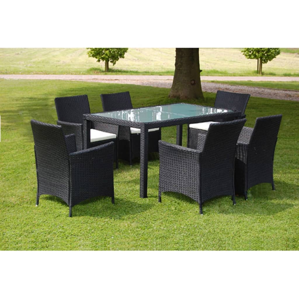 7 Piece Outdoor Dining Set with Cushions Poly Rattan Black - 150×90×75cm
