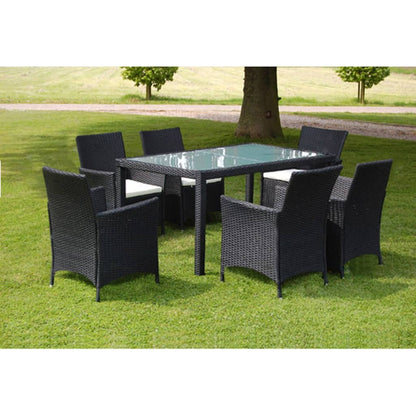 7 Piece Outdoor Dining Set with Cushions Poly Rattan Black - 150×90×75cm