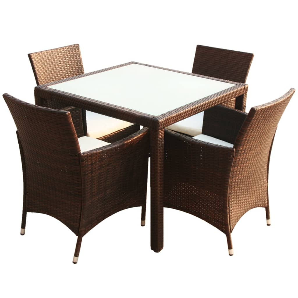 5 Piece Outdoor Dining Set with Cushions Poly Rattan Brown - 90×90×75cm