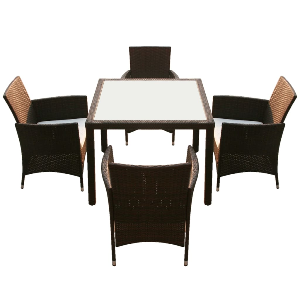5 Piece Outdoor Dining Set with Cushions Poly Rattan Brown - 90×90×75cm