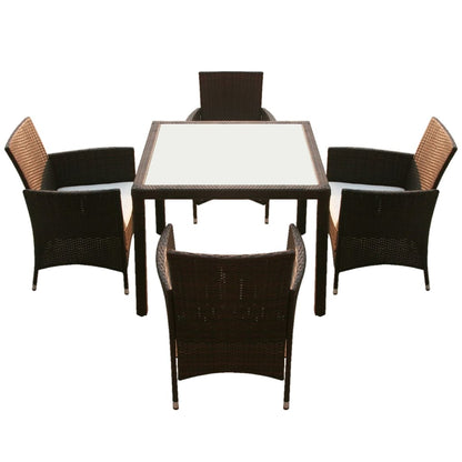5 Piece Outdoor Dining Set with Cushions Poly Rattan Brown - 90×90×75cm