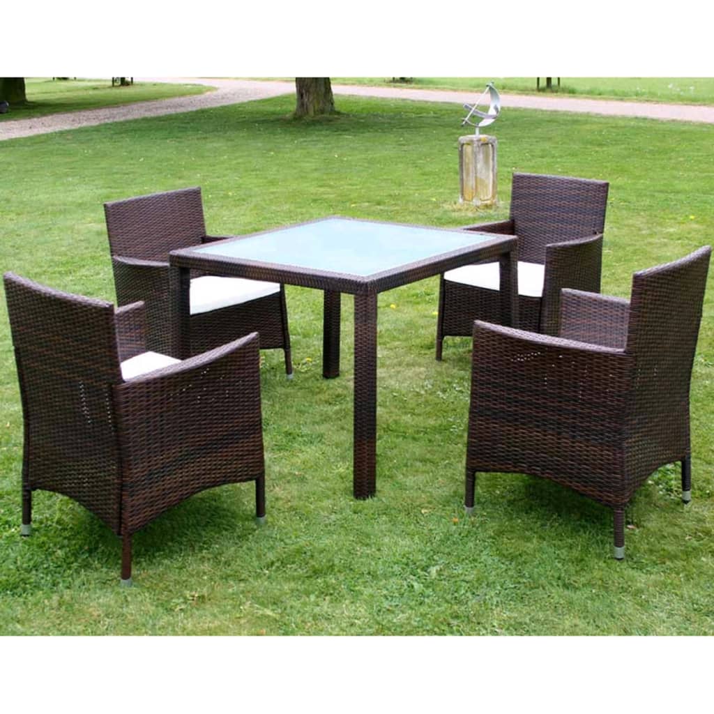 5 Piece Outdoor Dining Set with Cushions Poly Rattan Brown - 90×90×75cm