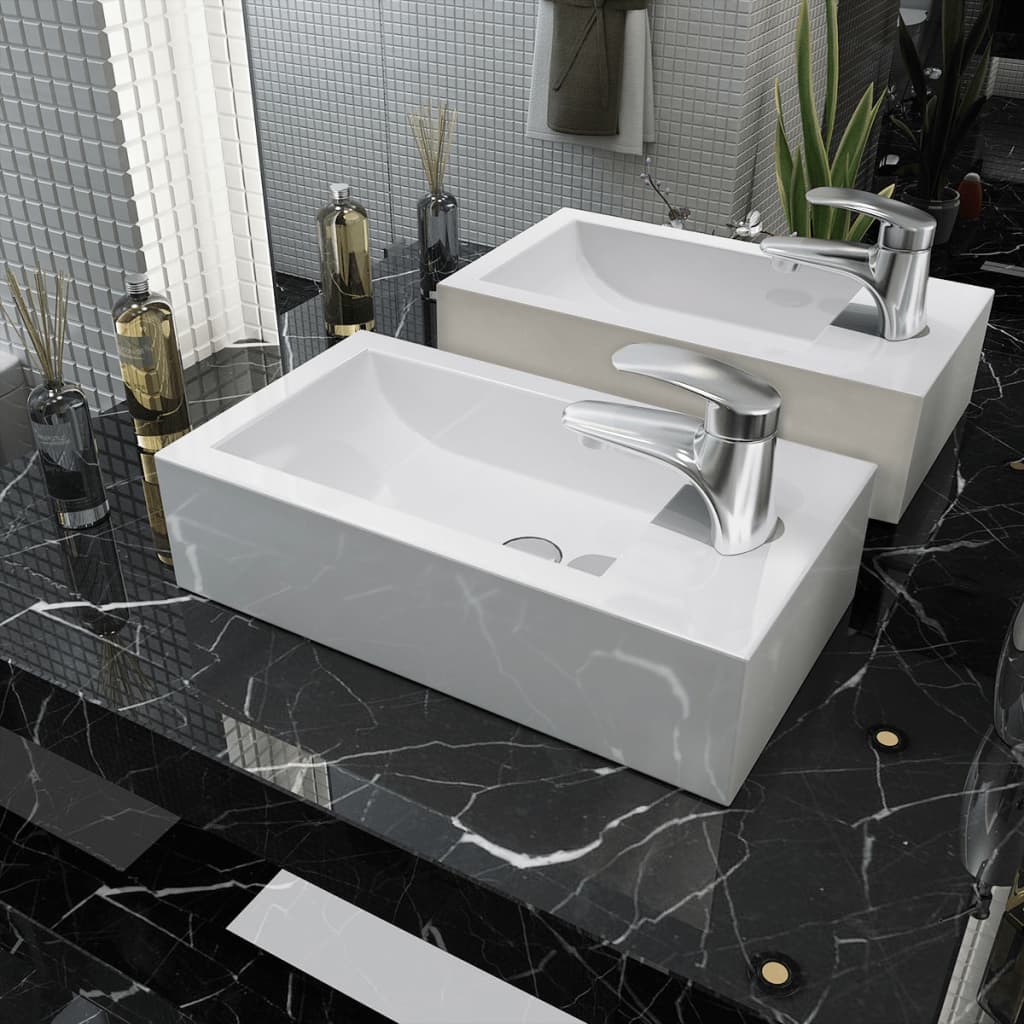 Basin with Faucet Hole Rectangular Ceramic White