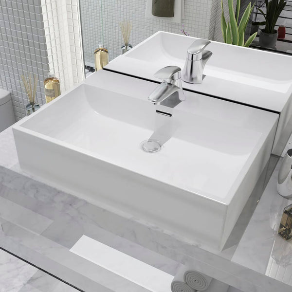  Basin with Faucet Hole Ceramic White M