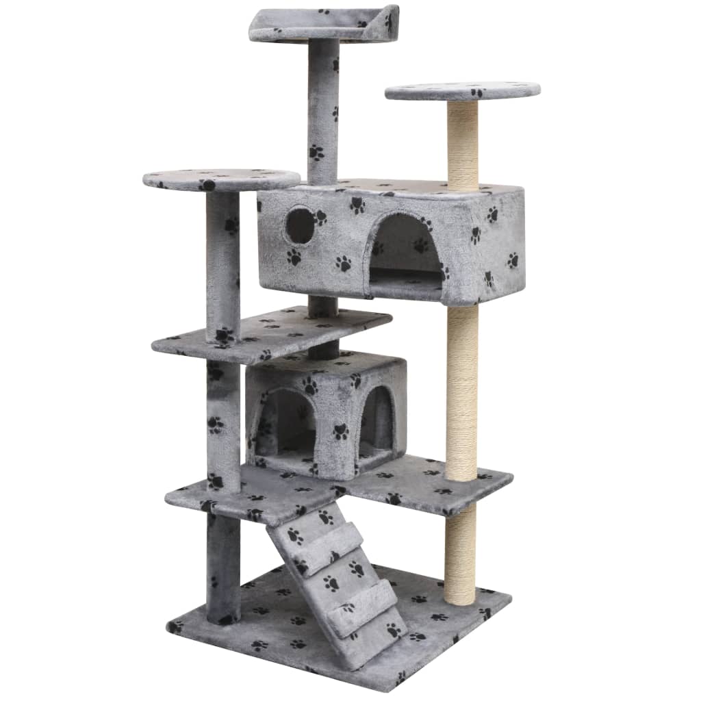 Cat Tree with Sisal Scratching Posts 125 cm Paw Prints Grey - 67×67×125cm