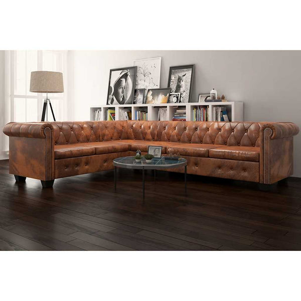  Chesterfield Corner Sofa 6-Seater Artificial Leather Brown