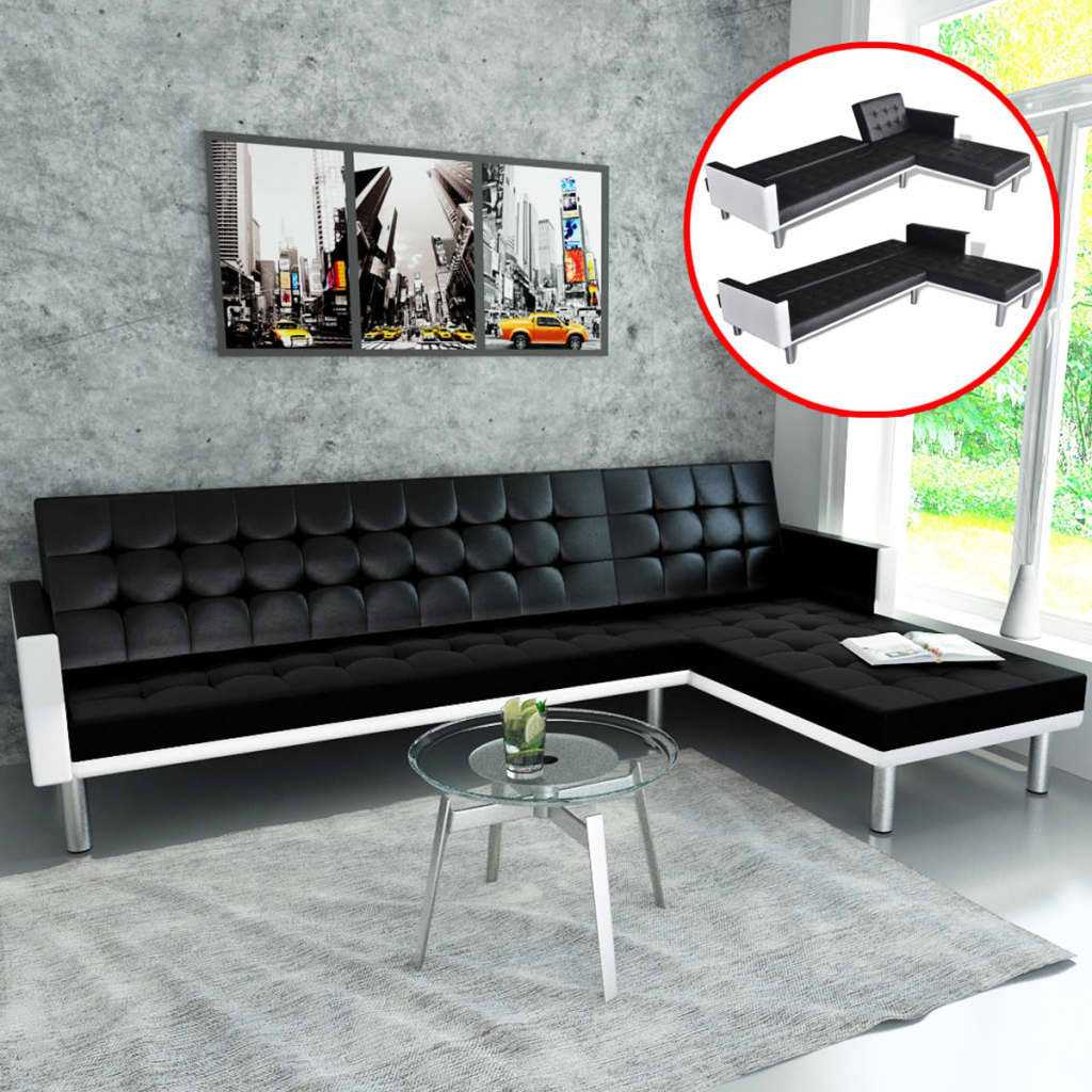 L-shaped Sofa Bed Leather Black