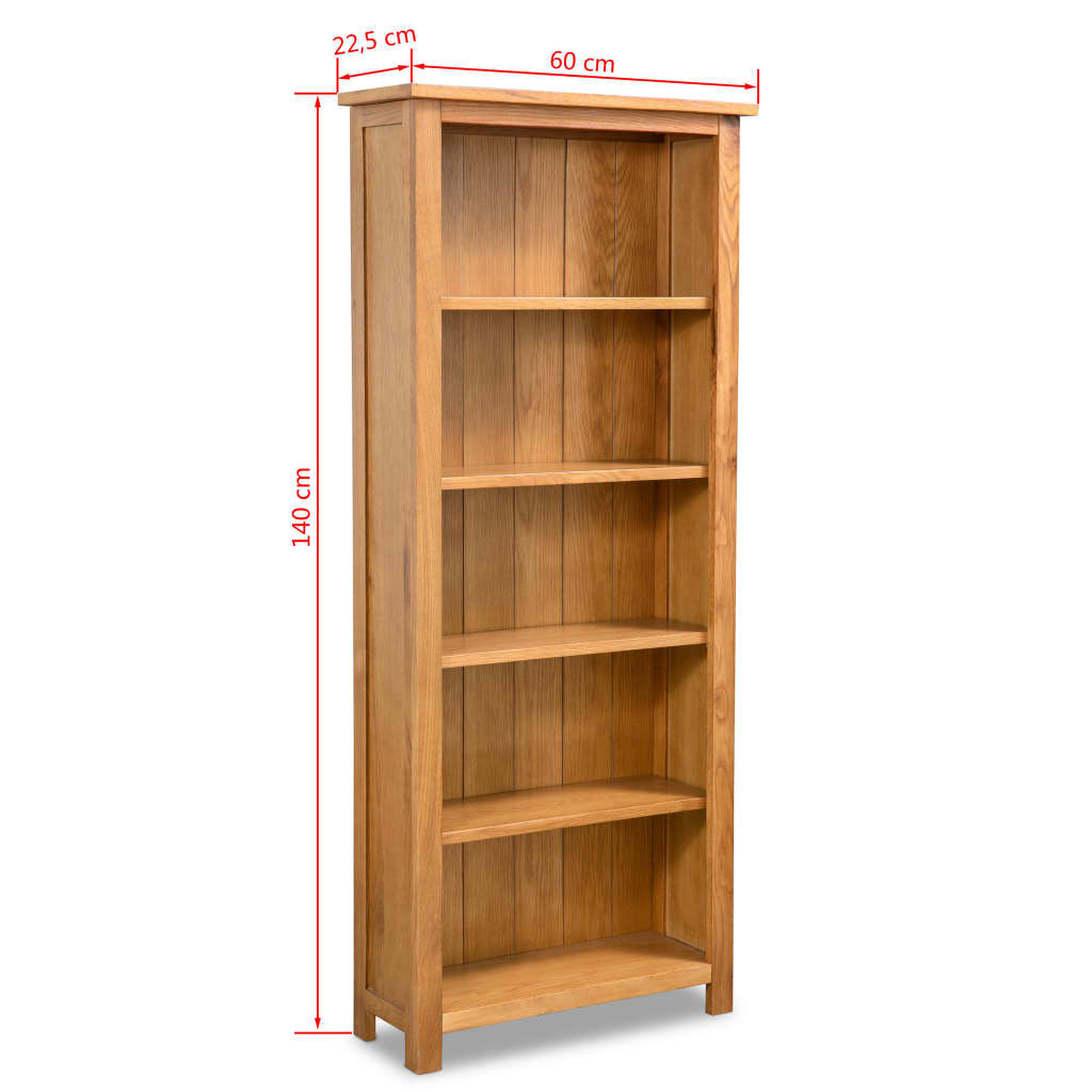5-Tier Bookcase Solid Oak Wood - 60×22.5×140cm