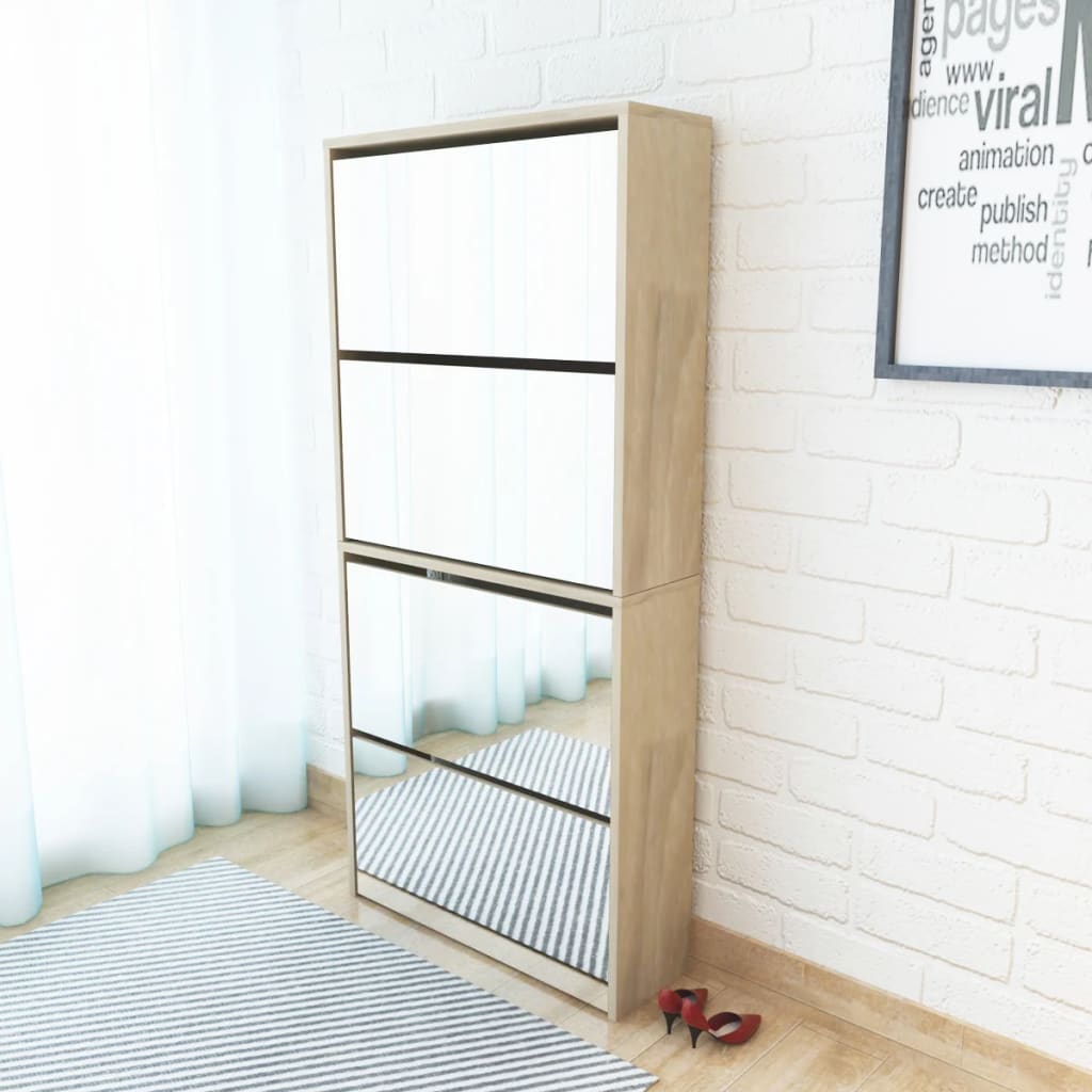 Shoe Cabinet 4-Layer Mirror Oak
