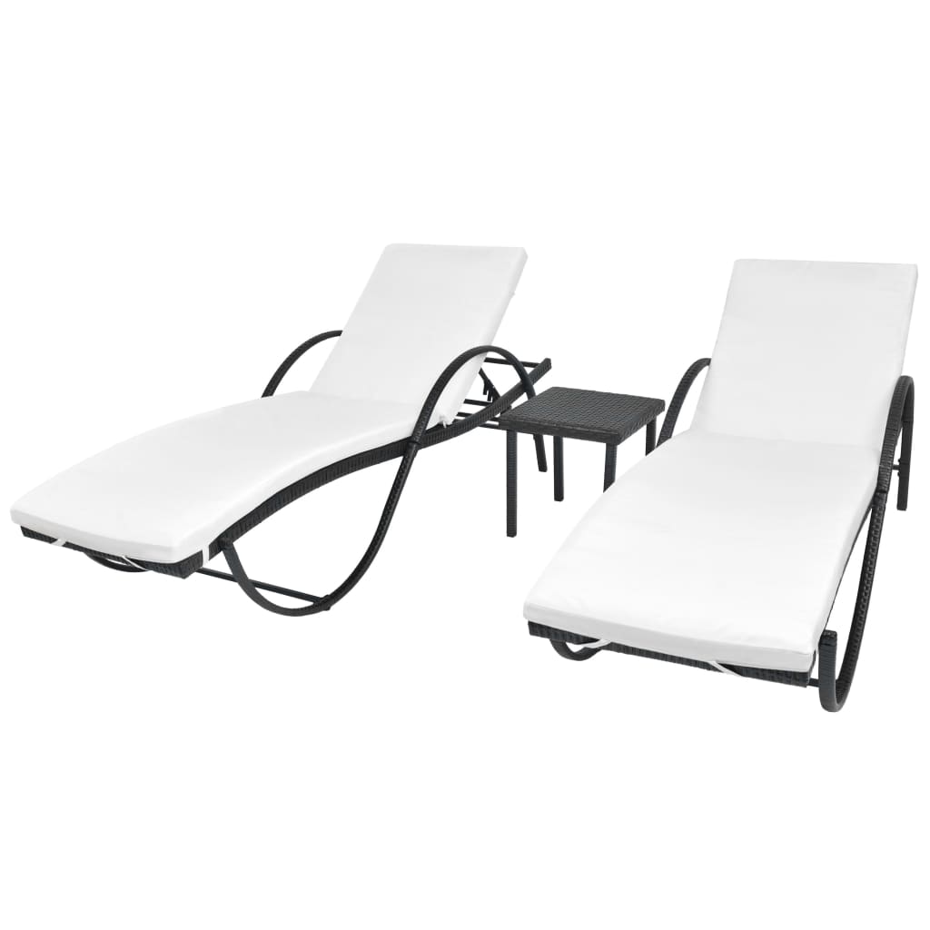 Sun Loungers 2 pcs with Table Poly Rattan Black - 193×64×56cm