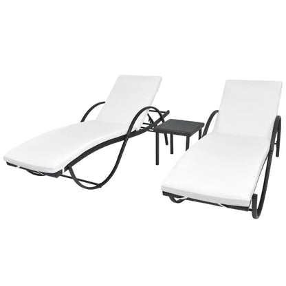 Sun Loungers 2 pcs with Table Poly Rattan Black - 193×64×56cm