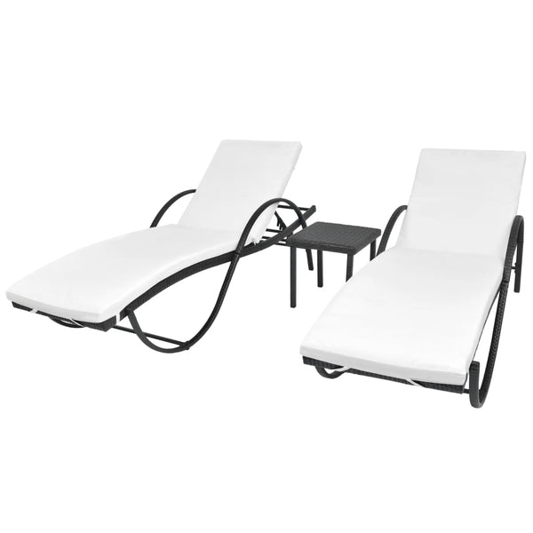  Sun Loungers 2 pcs with Table Poly Rattan Black