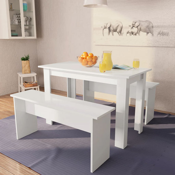  Dining Table and Benches 3 Pieces Chipboard White