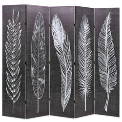 Folding Room Divider Feathers Black and White