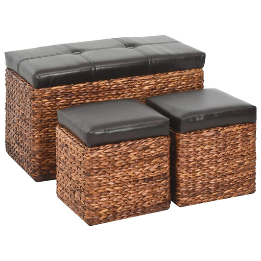 Bench with 2 Ottomans Seagrass Brown and Black