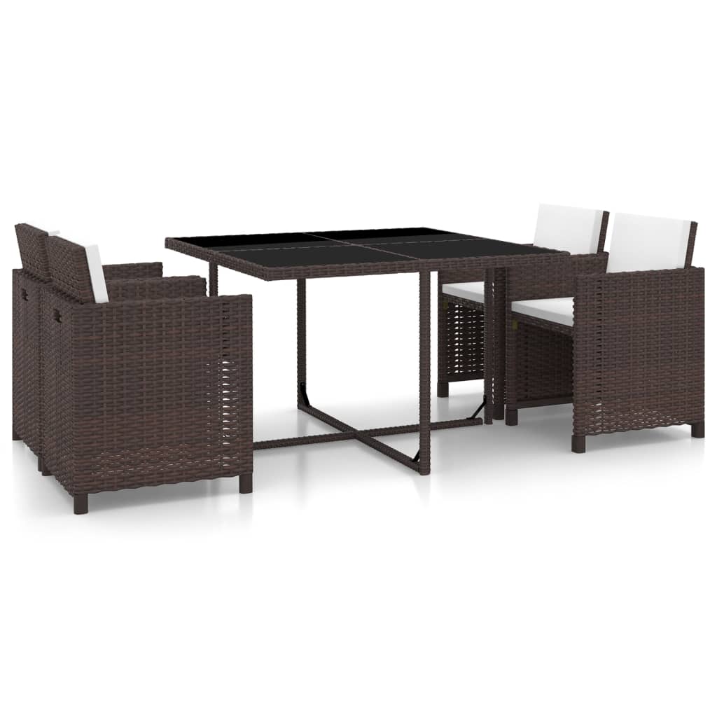 5 Piece Outdoor Dining Set with Cushions Poly Rattan Brown - 109×109×74cm