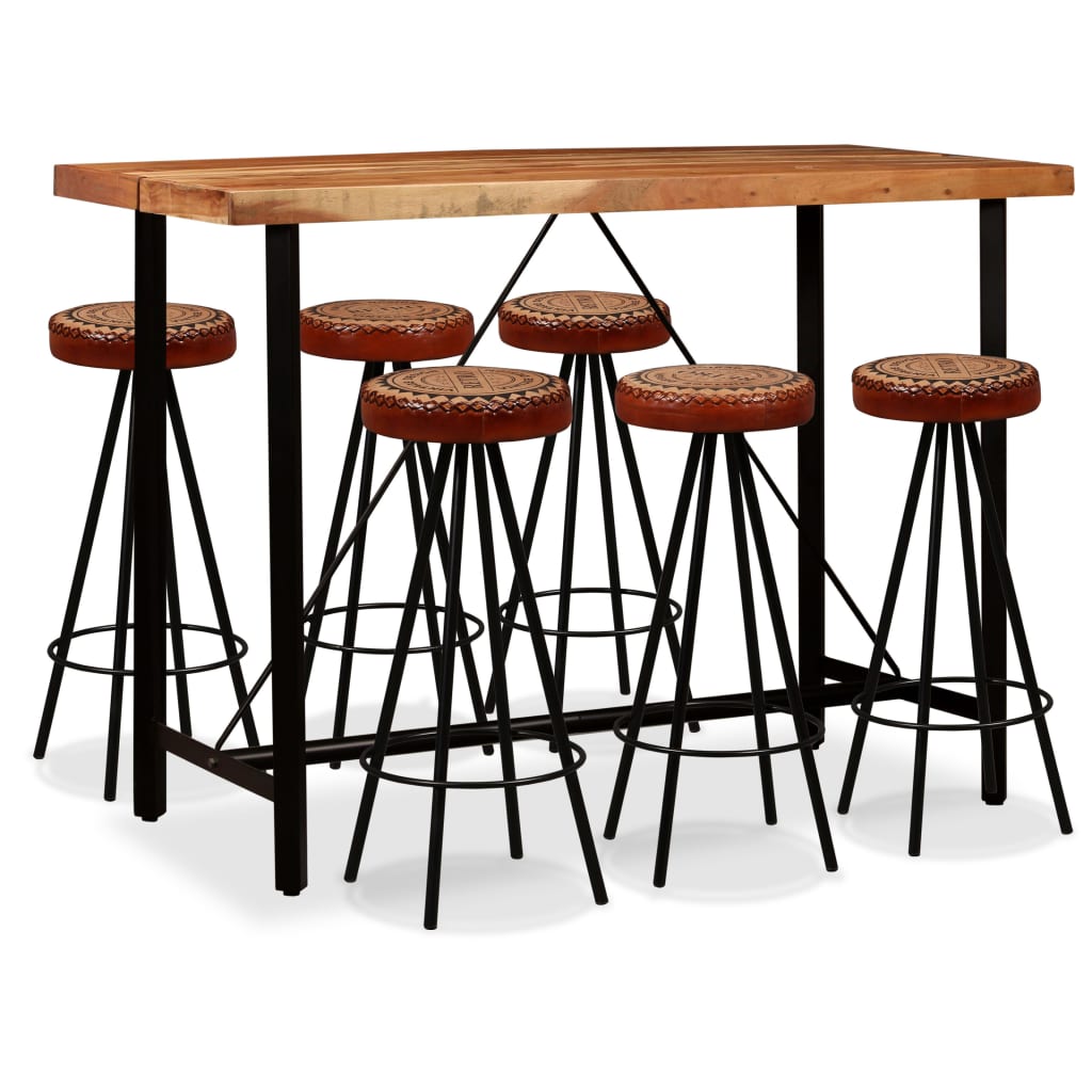 7 Piece Bar Set Solid Acacia Wood, Genuine Leather & Canvas