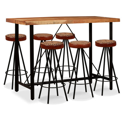 7 Piece Bar Set Solid Acacia Wood, Genuine Leather & Canvas