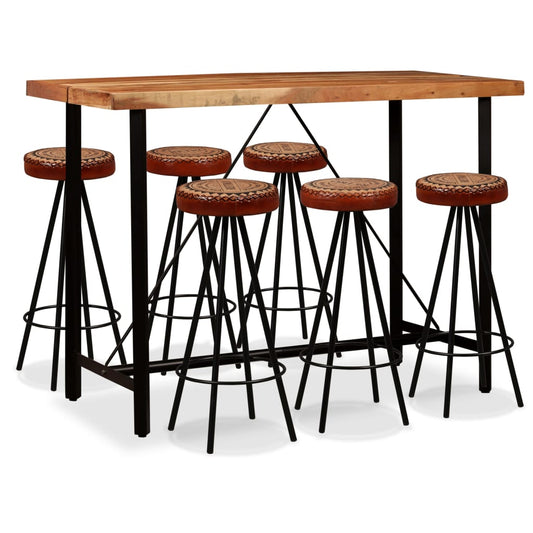 7 Piece Bar Set Solid Acacia Wood, Genuine Leather & Canvas